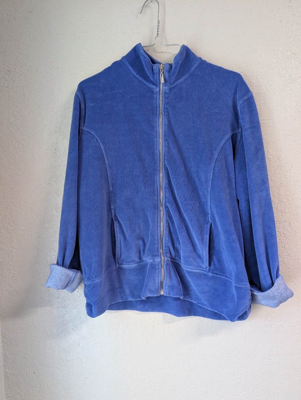 Fresh Produce Vtg Velour Jacket  L Royal Blue Cinched Ruched Collared Casual